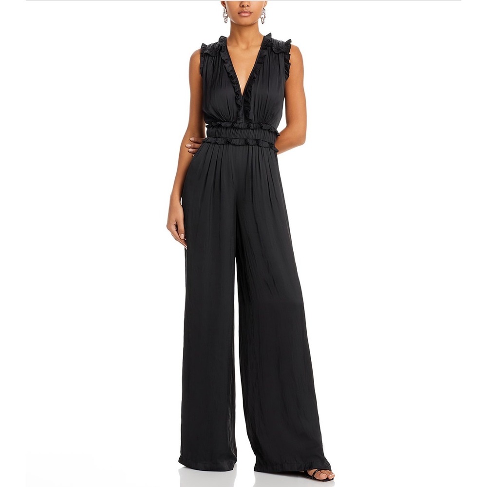 Ramy Brook Katelyn Ruffle Satin Jumpsuit – Black, Size 2 New